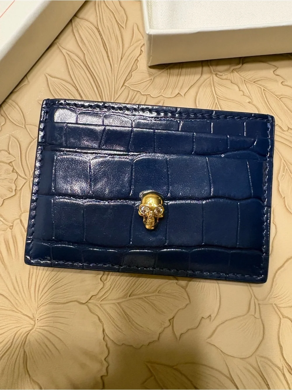 Alexander McQueen Navy Croc-Embossed Card & Key Holder with Gold Skull